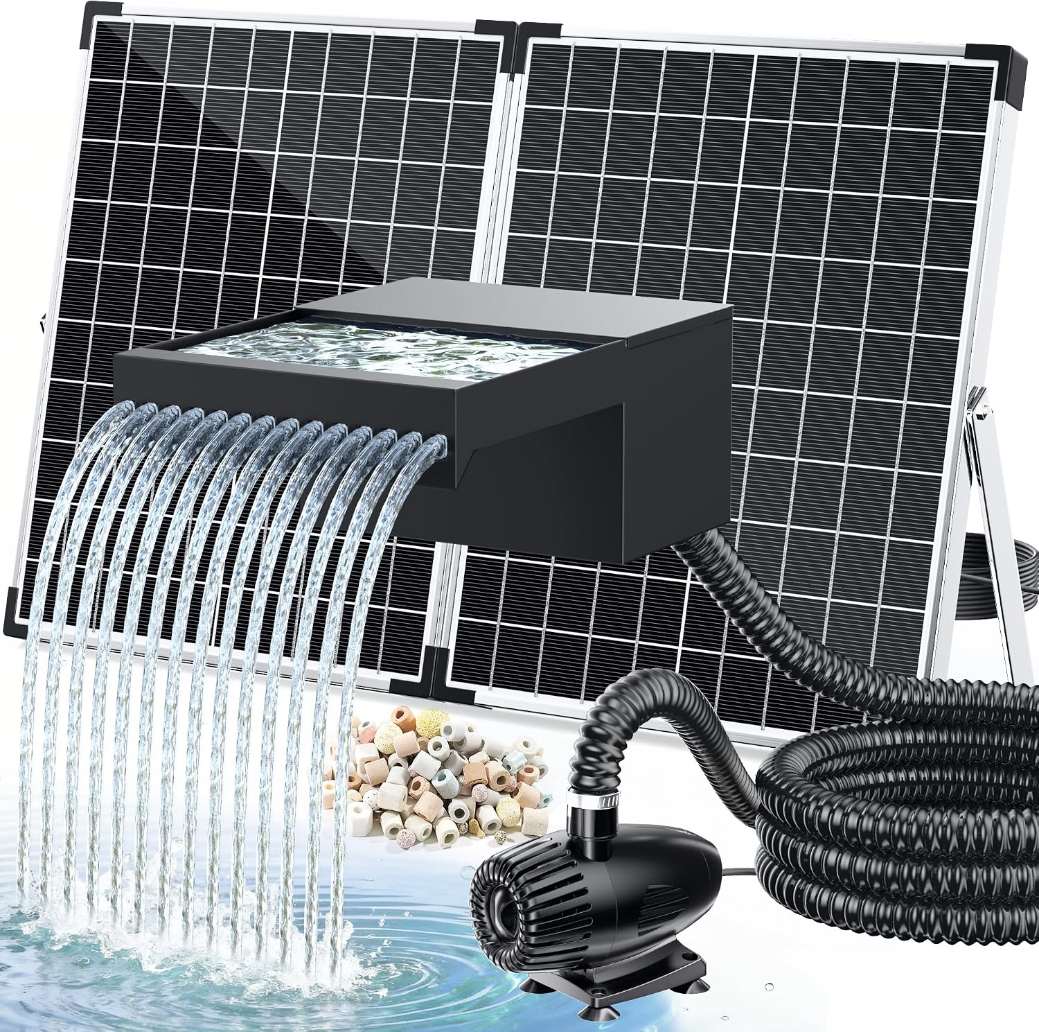 55W Solar Pond Waterfall Spillway with Fountain Pump, 304 Stainless Steel & Filtration System Pond Waterfall, 9.8FT Tubing for Koi Ponds, Garden Fountains & Landscape Water Features-P5552S