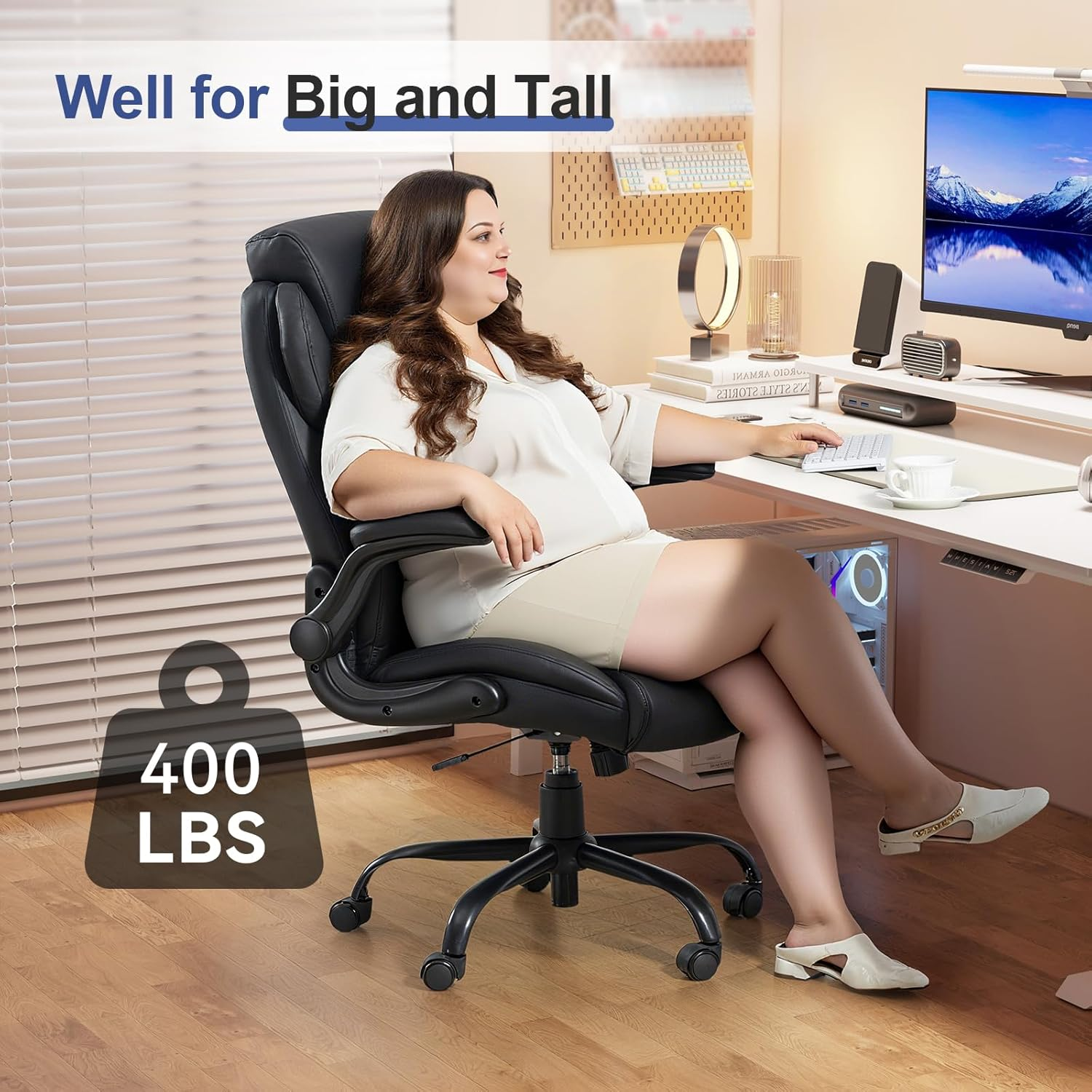 400LBS Big and Tall Office Chair, Heavy Duty Leather Executive Desk Chair with Padded Flip-Up Arms, Swivel Rolling Computer Chair for Home Office, Black - Image 3