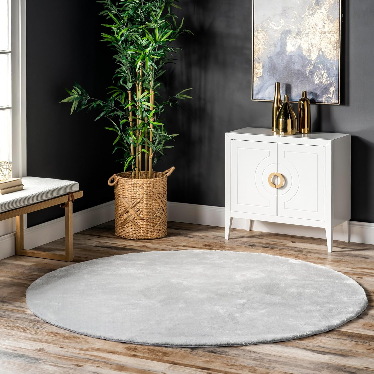 6' round Cozy Plush Area Rug, Machine Washable, Non-Slip, Soft Fluffy Shag Carpet for Living Room Bedroom Kids Room Nursery Home Decor, Loni Light Grey