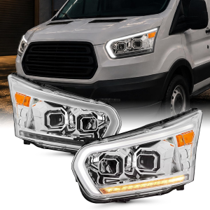 - Fit 2015-2023 Ford Transit 150 250 350HD Projector Chrome Headlights Pair Driver+Passenger W/Led Tube DRL Signal