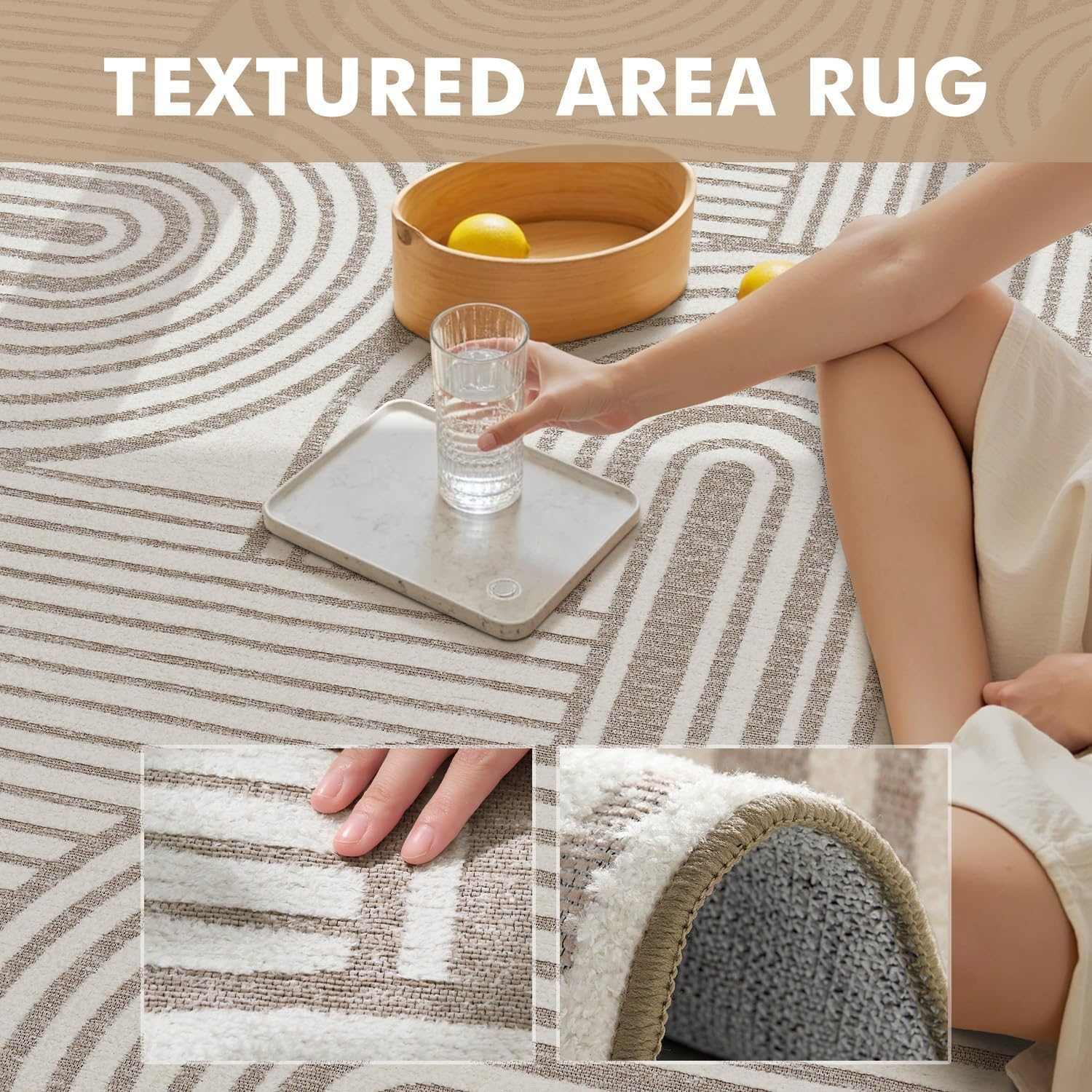 Beige Neutral 5X7 Area Rugs Textured Tufted Rugs for Living Room Bedroom Rug-Carpet Cream Ivory Washable Geometric Moroccan Modern Rug - Image 2