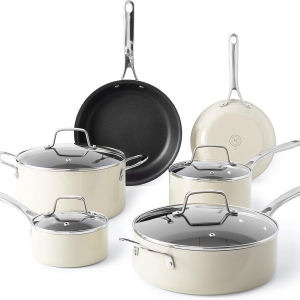 Lockton Premium Nonstick 10 Piece Enamel Heavy Gauge Aluminum Pots and Pans Cookware Set - Linen White
