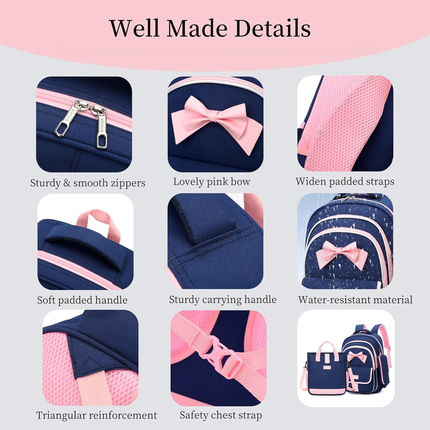 Rolling Backpack for Girls 3Pcs Elementary School Bag Cute Bowknot Backpack with Wheels Girls Bookbags with Handbag Trolley Bags Kids Carry-On Luggage - Image 5