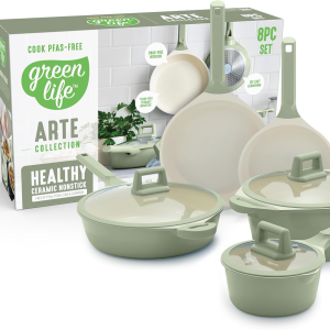 8 Piece Ceramic Nonstick Cookware Set, Induction Suitable Non Toxic Pfas-Free Pots & Pans, Dishwasher Safe, Cooking Set, Stock Pot, Saucepans & Frying Pans, Kitchen Cooking, Sage Green