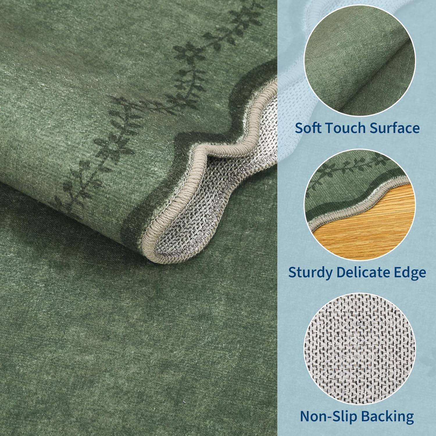 3X5 Scalloped Washable Area Rug for Bedroom,Soft Solid Dark Green Entryway Rug Farmhouse Kitchen Mat Non Slip Low Pile Carpet Stain Resistant Throw Rug for Bedside Kids Room - Image 4