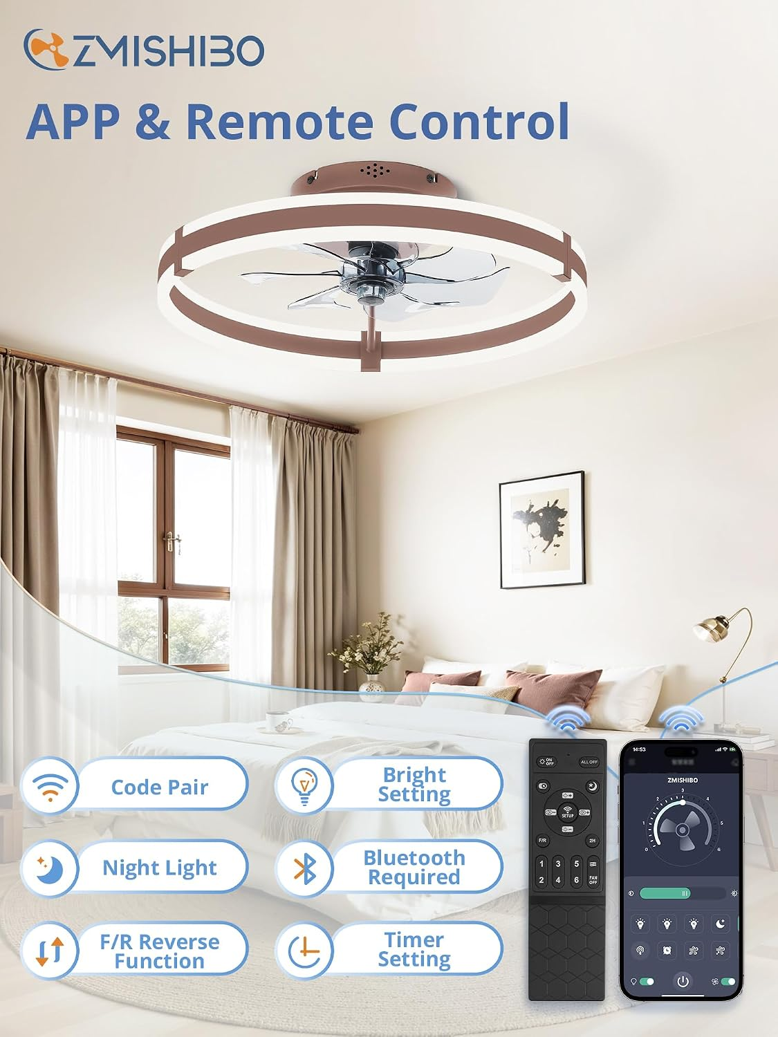 Ceiling Fans with Lights and Remote, 19.7'' Low Profile Ceiling Fan, 3000-6000K Dimmable Modern Flush Mount LED Fan Light, 6 Wind Speeds, Brown Fandelier Ceiling Fans for Bedroom - Image 5