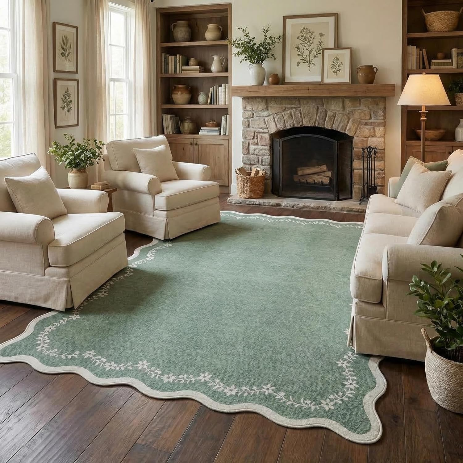 6X9 Scalloped Area Rug Sage Green Washable Rugs for Living Room Bedroom, Soft Low Pile Non Slip Accent Floor Mat Solid Floral Print Throw Rug Farmhouse Indoor Carpet for Dorm Playroom - Image 2