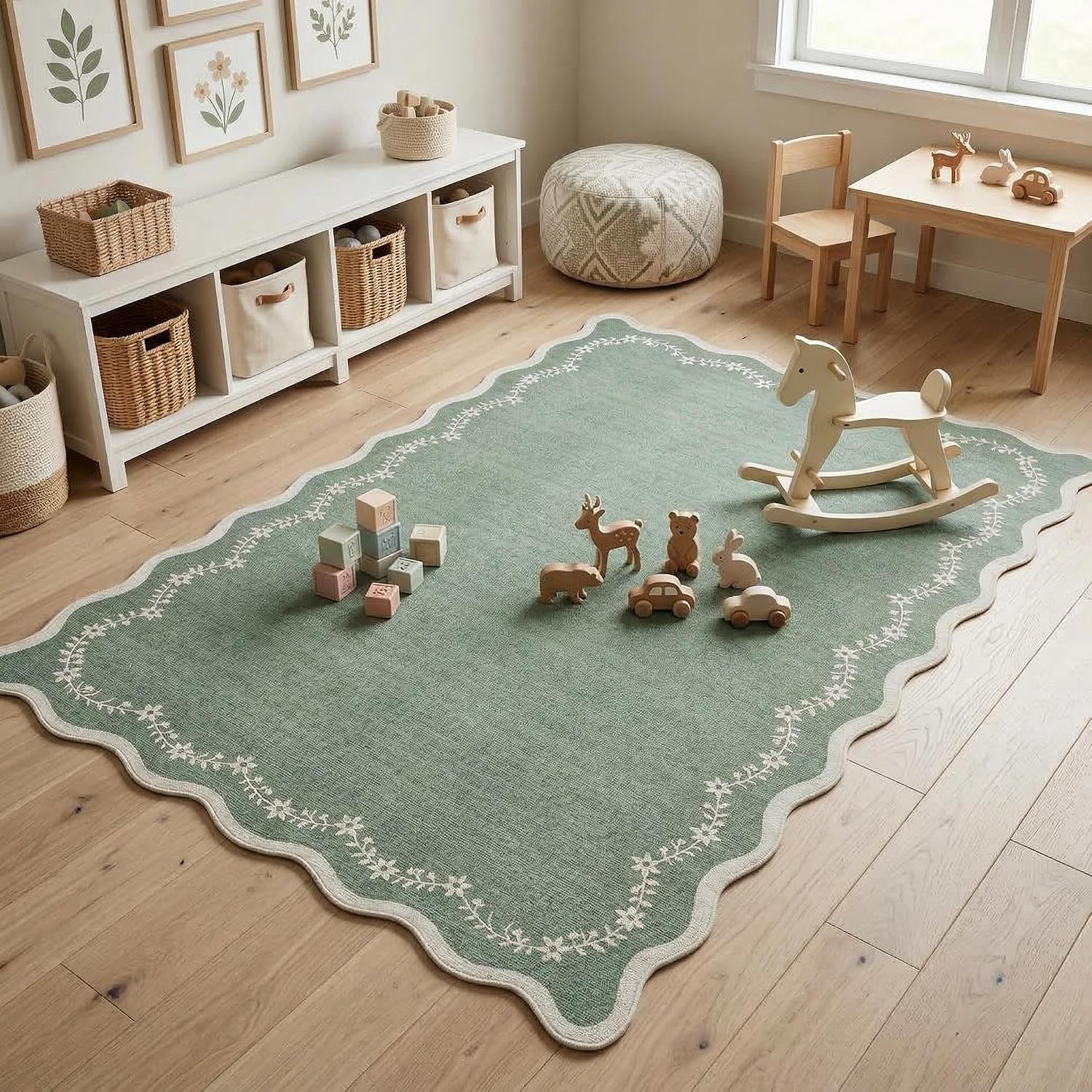 4X6 Green Scalloped Washable Area Rug for Nursery Room, Solid Floral Soft Bedroom Rug Non Slip Low Pile Small Carpet Stain Resistant Throw Rug for Dorm Kids Room Office Dining Room - Image 3