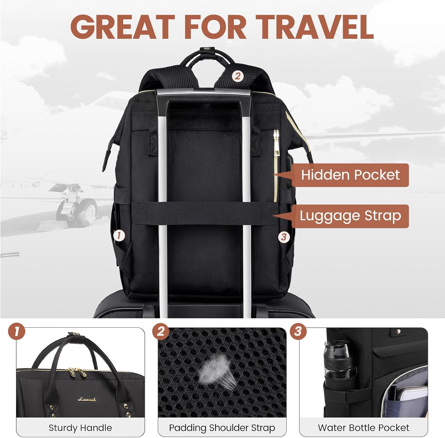 Laptop Backpack,15.6 Inch Professional Womens Purse Computer Bag Nurse Teacher Backpack,Waterproof College Work Bags Carry on Travel Back Pack with USB Port,Black - Image 4