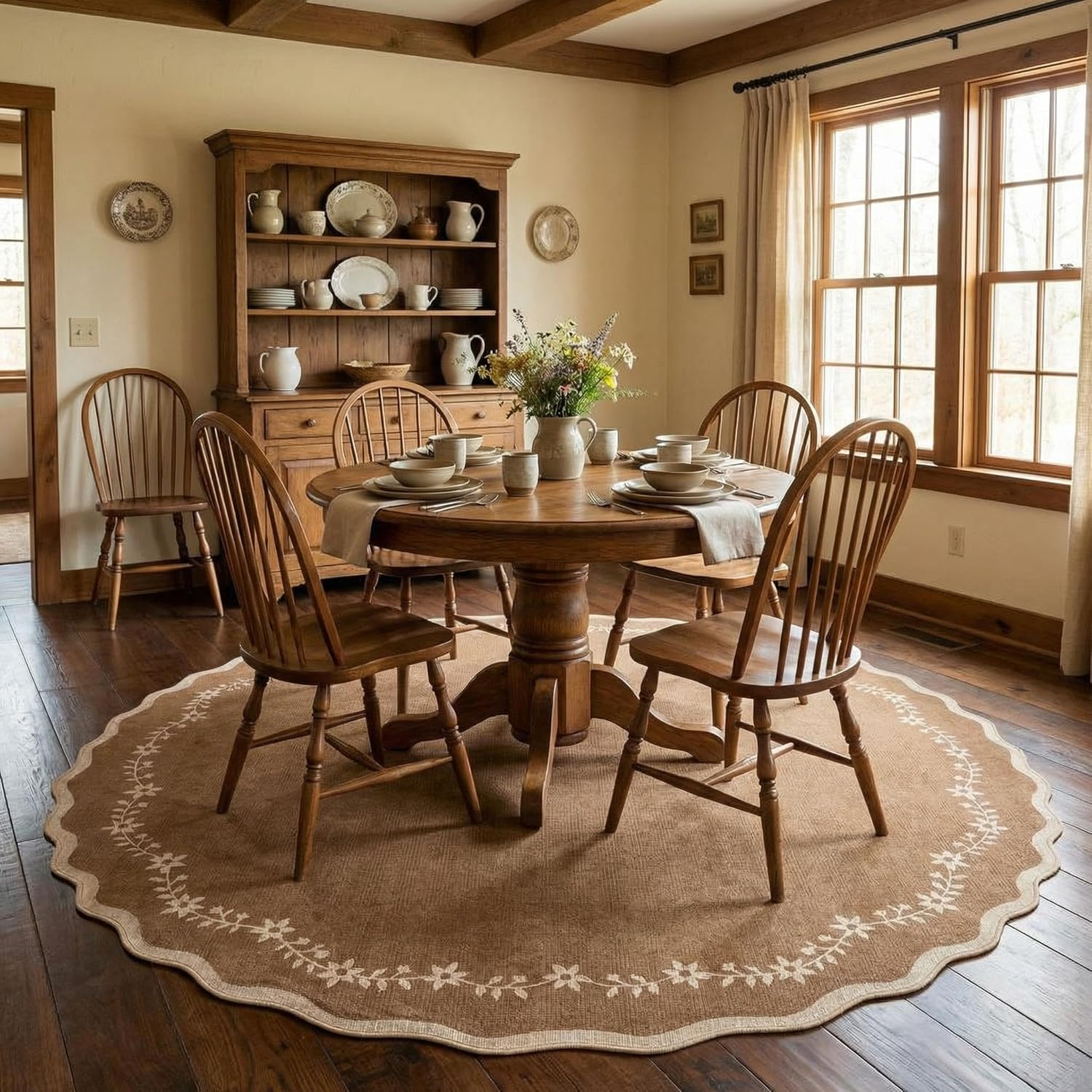 round Area Rugs 5Ft for Bedroom, Solid Brown Washable Circle Rug Soft Non Slip Floral Print Floor Mat Carpet Indoor Thin Rug for Kids Room Dining Room Playroom Nursery - Image 2