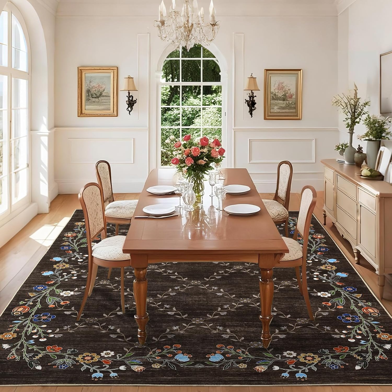 8X10Ft Floral Washable Area Rug, Brown Vintage Boho Low Pile Non Slip, Soft Indoor Large Rug for Living Room, Bedroom, Dining Room, Office - Image 8