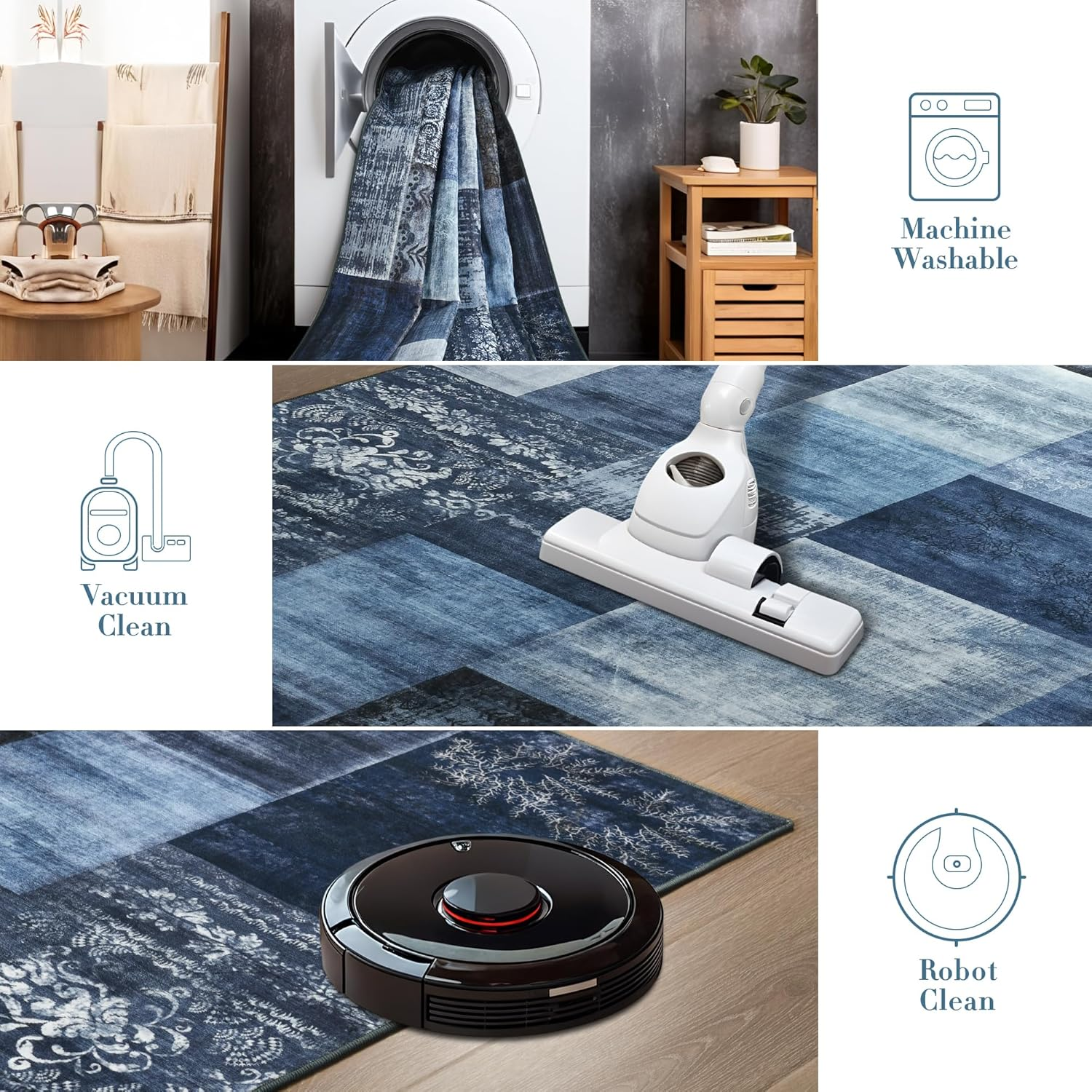 Modern Runner Rug for Living Room, 2X6 Washable Rugs for Bedroom Hallway, Geometric Patchwork Runner Rug Non-Slip Indoor Throw Carpet for Entryway Kitchen Office Home Decor, Blue - Image 8