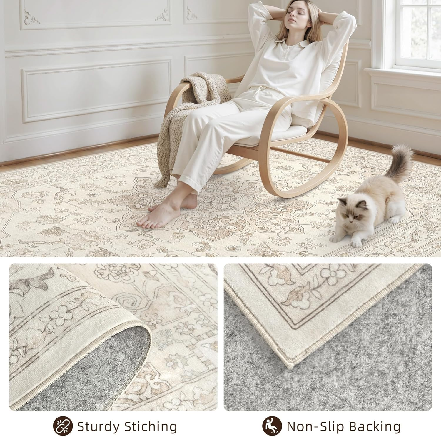 10X14 Area Rug for Living Room: Vintage Boho Neutral Washable Rug Indoor Soft Large Area Rug Carpet for Bedroom Nursery Farmhouse Dining Room Office Floor Non-Slip Low Pile under Table Rug Beige White - Image 4