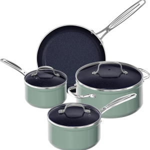 7Pc Cookware Set Healthy Duralon Blue Ceramic Nonstick Coated, Diamond Infused Scratch-Resistant, PFAS Free, Oven Safe, Induction Ready & Evenly Heats, Tempered Glass Lids & Stay-Cool Handle