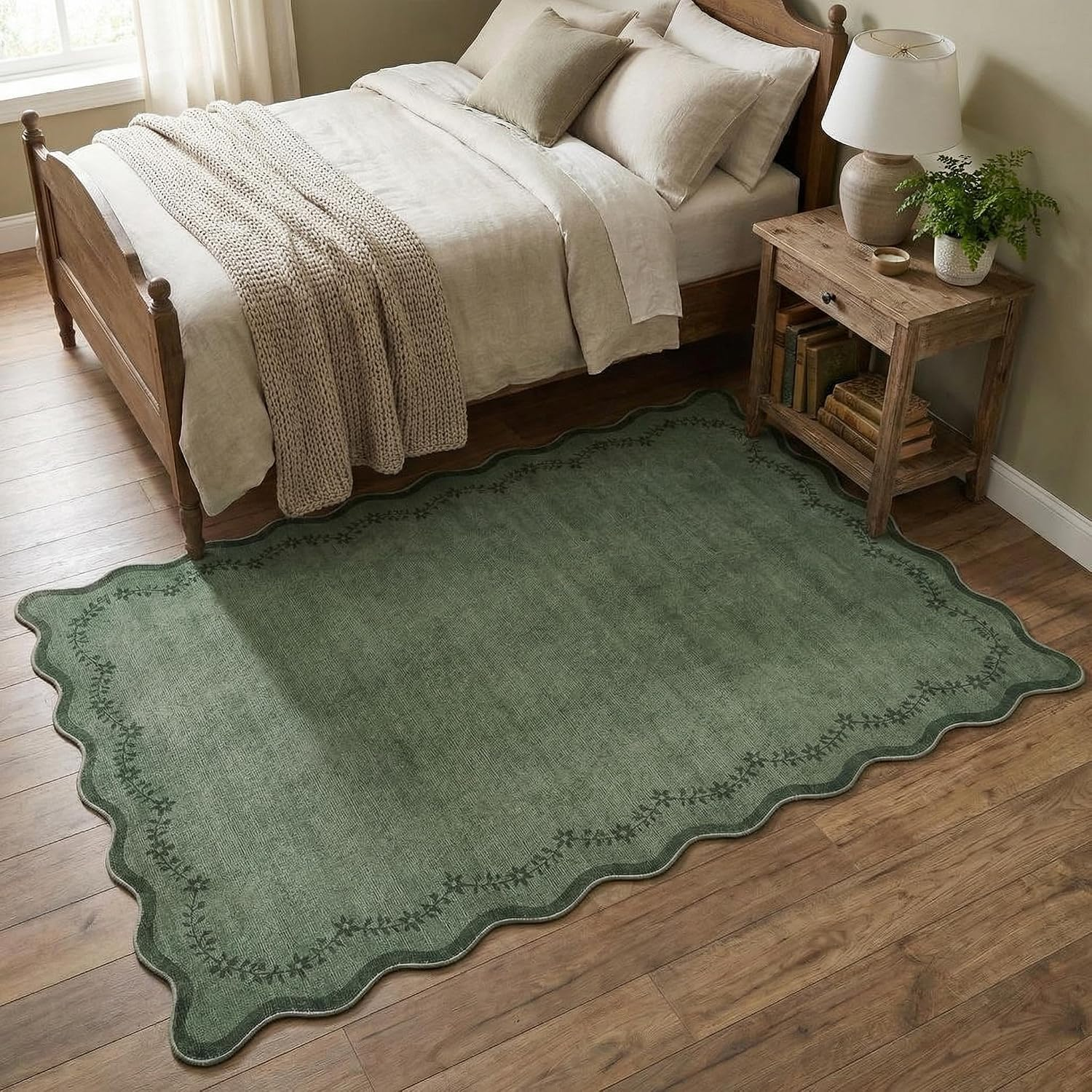 3X5 Scalloped Washable Area Rug for Bedroom,Soft Solid Dark Green Entryway Rug Farmhouse Kitchen Mat Non Slip Low Pile Carpet Stain Resistant Throw Rug for Bedside Kids Room - Image 2