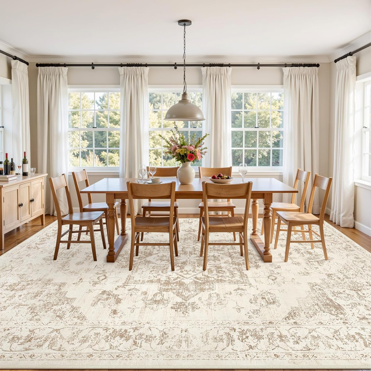 Area Rugs 9X12 Living Room: Vintage Boho Neutral Washable Rug Indoor Soft Large Area Rug Carpet for Bedroom Nursery Farmhouse Dining Room Office Floor Non-Slip Low Pile under Table Rug Beige/Ivory - Image 3