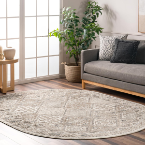 Oval 8X10 Becca Traditional Tiled Area Rug, Beige, Faded Transitional Design, Stain Resistant, for Bedroom, Dining Room, Living Room, Hallway, Office, Kitchen, Entryway