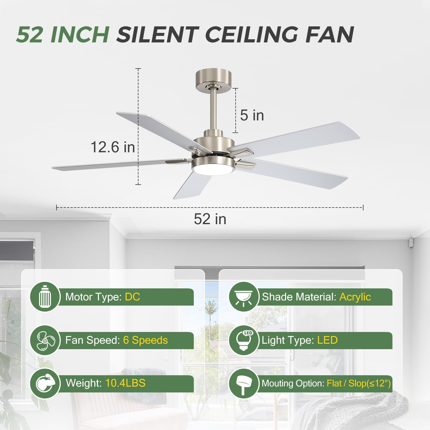 Ceiling Fans with LED Lights, 52 Inch 5-Blade Ceiling Fan Remote Control, Industrial Ceiling Fan with Reversible DC Motor, Downrod Mount LED Ceiling Light Chandelier for Bedroom (Satin Nickel) - Image 8