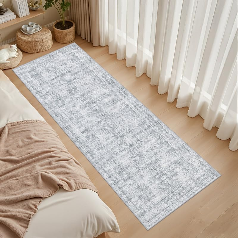 2'6''X8' Hallway Washable Runner Rug: Vintage Boho Neutral Kitchen Rug Soft Small Area Rug Indoor Floor Non-Slip Low Pile Carpet for Farmhouse Entryway Laundry Bathroom Bedroom beside Rugs Gray - Image 3