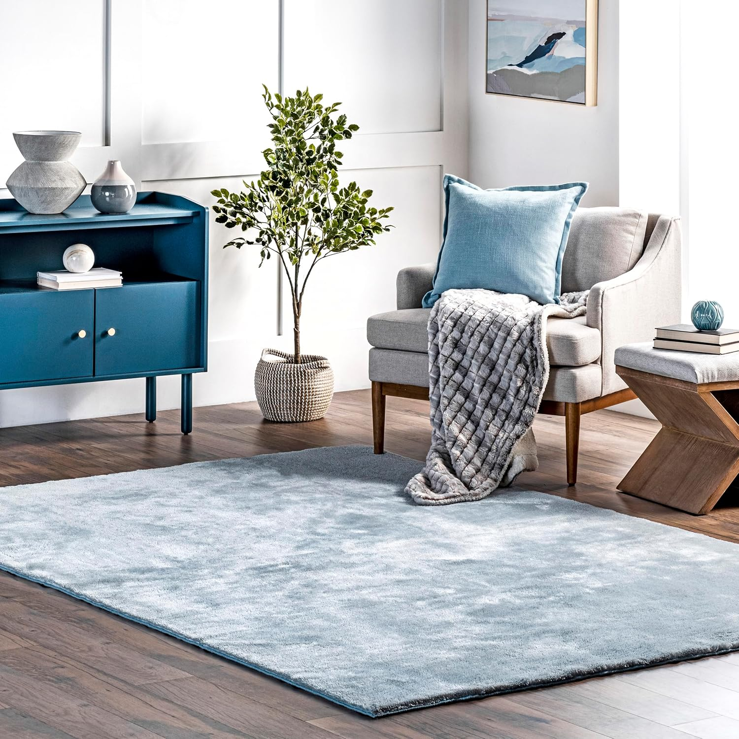 6' Square Cozy Plush Area Rug, Machine Washable, Non-Slip, Soft Fluffy Shag Carpet for Living Room Bedroom Kids Room Nursery Home Decor, Loni Light Blue
