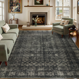 5X7 Vintage Washable Area Rug for Living Room,Low Pile Non Slip Carpet Non-Shedding Area Rug Soft Indoor Stain Resistant Rug Floral Print Mat for Bedroom Dining Room Black