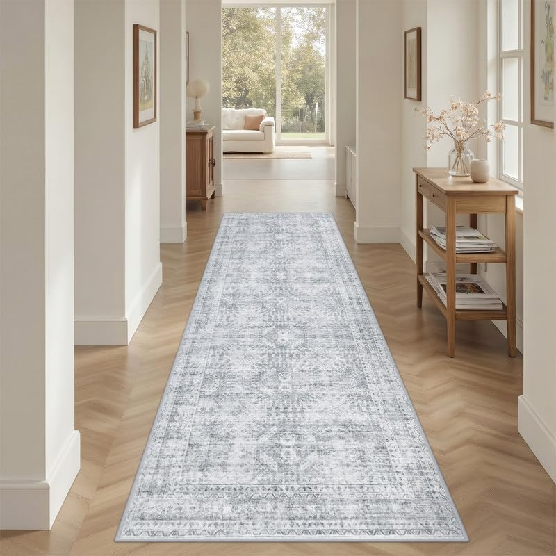 2'6''X8' Hallway Washable Runner Rug: Vintage Boho Neutral Kitchen Rug Soft Small Area Rug Indoor Floor Non-Slip Low Pile Carpet for Farmhouse Entryway Laundry Bathroom Bedroom beside Rugs Gray - Image 8
