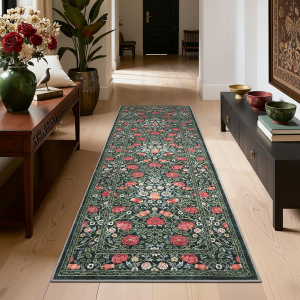 Green Vintage Floral 2X6 Runner Rug Washable Kitchen Rugs Non Slip Boho Long Rug for Hallways Bedroom Entryway Bathroom Mat with Rubber Back