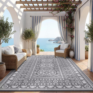 Reversible Outdoor Rug 8X10 for Patio, Waterproof Outdoor Area Rug, Modern Medallion Indoor Outdoor Rugs, Plastic Straw Rug for RV, Camping, Deck, Vintage Grey