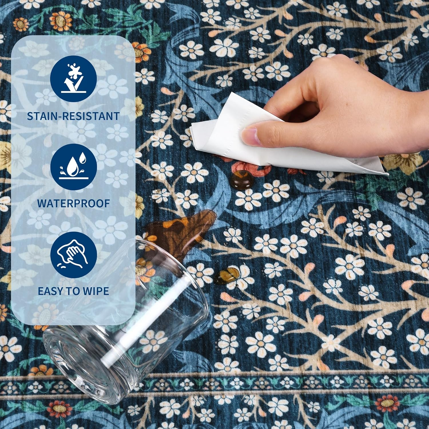 Kitchen 2X6 Runner Rug, Floral Washable Rugs for Hallways Non Slip Stain Resistant, Boho Soft Rug Botanical Carpet for Entryway, Laundry Room, Bedroom Floor Mat, Dark Blue - Image 6