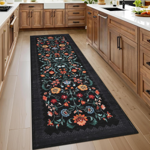 Floral Rug 2.5X8 Runners for Hallways, Boho Kitchen Runner Rugs Non Slip Bath Runners, Vintage Washable Runner Rug for Bedroom, Soft Long Rugs for Entryway Bathroom Laundry Dorm, Black