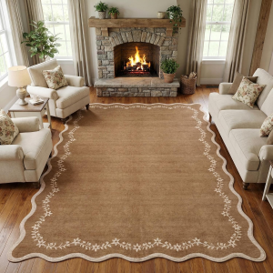 6X9 Scalloped Area Rug Brown Washable Rugs for Living Room Bedroom, Soft Low Pile Non Slip Accent Floor Mat Solid Floral Print Throw Rug Farmhouse Indoor Carpet for Dorm Playroom