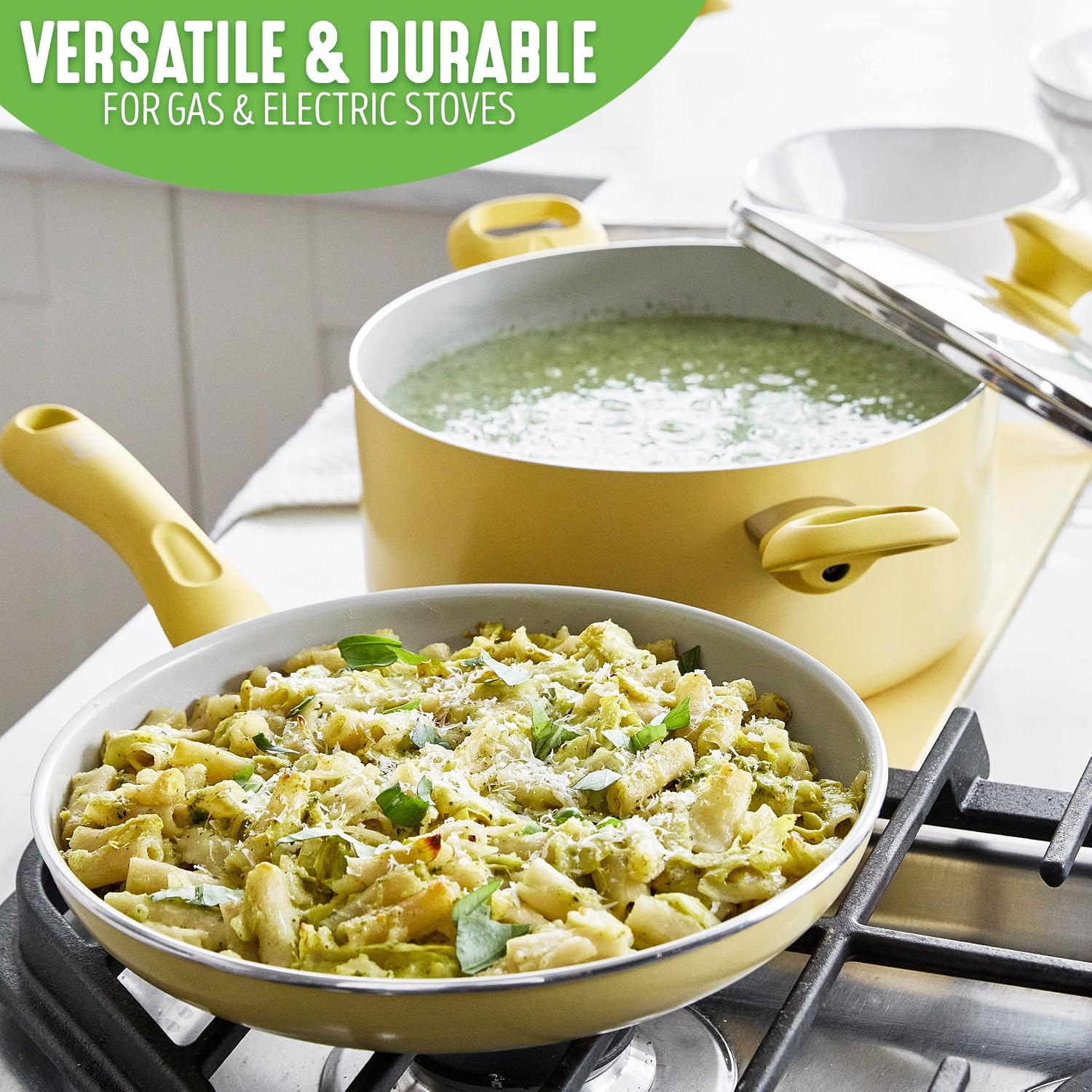 Soft Grip Healthy Ceramic Nonstick 15 Piece Kitchen Cookware Pots and Frying Sauce Saute Pans Set, Pfas-Free with Kitchen Utensils and Lid, Dishwasher Safe, Yellow - Image 6