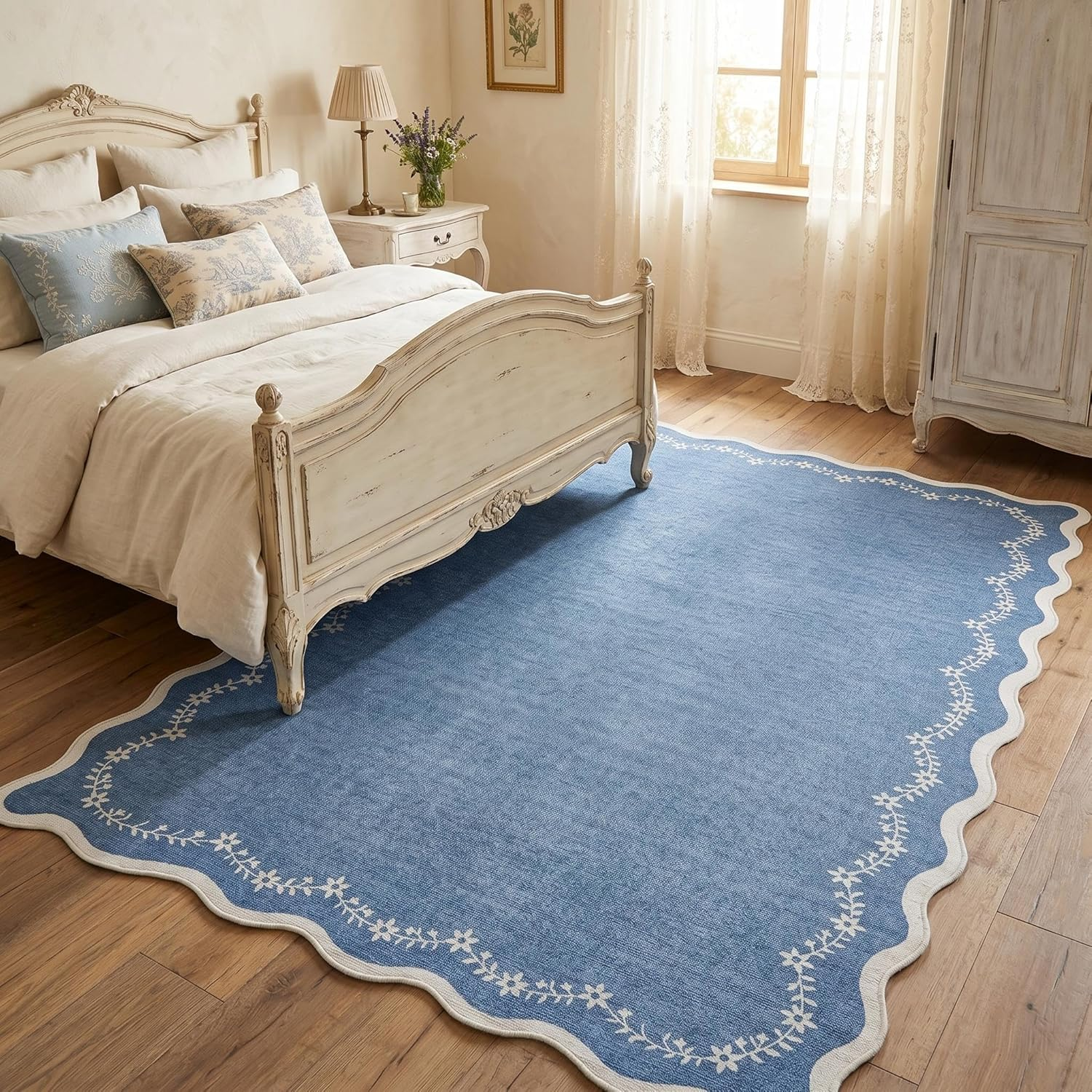 5X7 Scalloped Area Rug Navy Blue Washable Rugs for Living Room Bedroom, Soft Low Pile Non Slip Accent Floor Mat Solid Floral Print Throw Rug Indoor Carpet for Dorm Playroom - Image 5