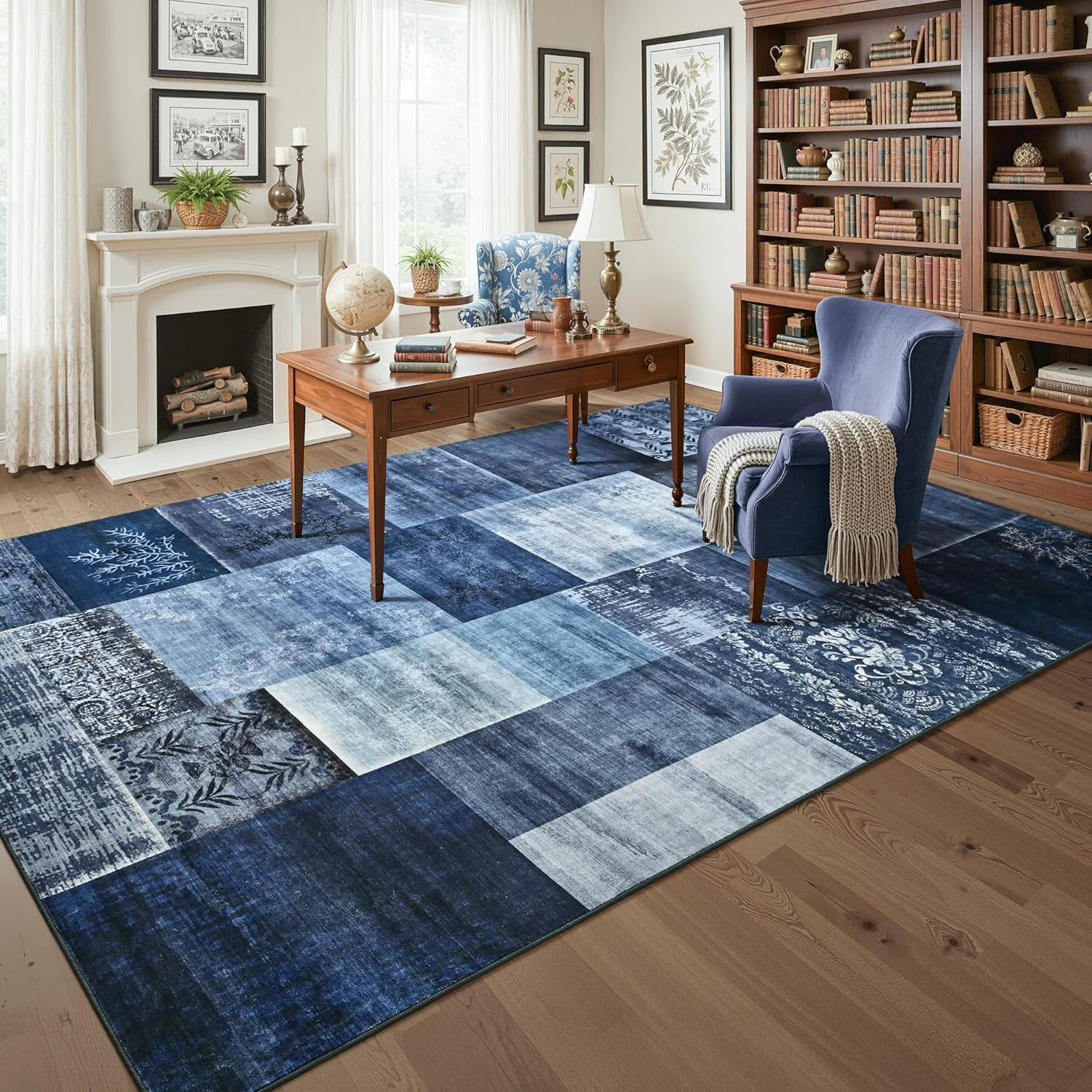 6X9 Blue Area Rugs for Living Room, Modern Large Geometric Rug for Bedroom, Washable Patchwork Rug Indoor Non Slip Throw Carpets for Dining Room Office Farmhouse Home Decor - Image 4