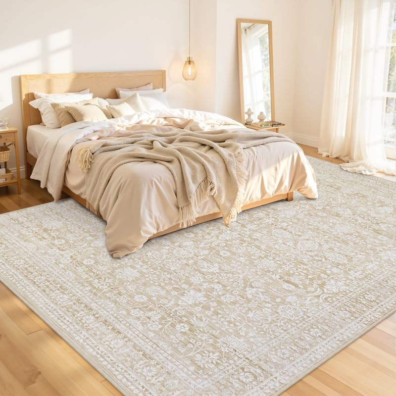 Area Rugs 9X12 Living Room: Vintage Boho Neutral Washable Rug Indoor Soft Large Area Rug Carpet for Bedroom Nursery Farmhouse Dining Room Office Floor Non-Slip Low Pile under Table Natural Beige - Image 2