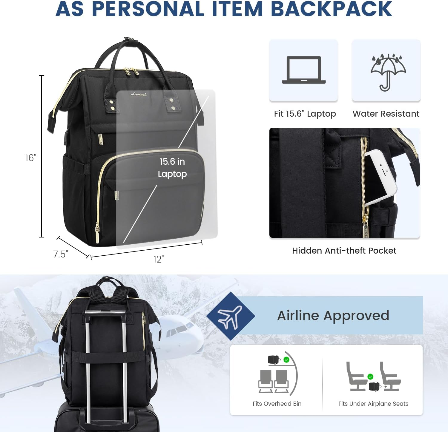 Laptop Backpack Women, 15.6 Inch Work Backpack Woman for Teacher Nurse Bags, Computer College Backpack Purse, Waterproof Anti-Theft Travel Back Pack with USB Charging Port, Black - Image 4