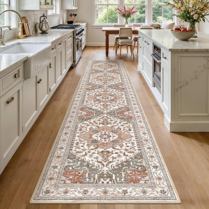 Washable Runner Rug, 2X10 Non-Slip Boho Vintage Hallway Rug Runner with Rubber Backing, Low Pile Faux Wool Distressed Carpet Runner for Bedroom, Kitchen, Laundry, Entrance, Ginger Grey