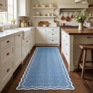 2.5X8 Scalloped Washable Runner Rug for Kitchen, Soft Blue Long Hallway Runner Non Slip Entryway Rug Farmhouse Thin Laundry Mat Stain Resistant Carpet for Bathroom beside Rug
