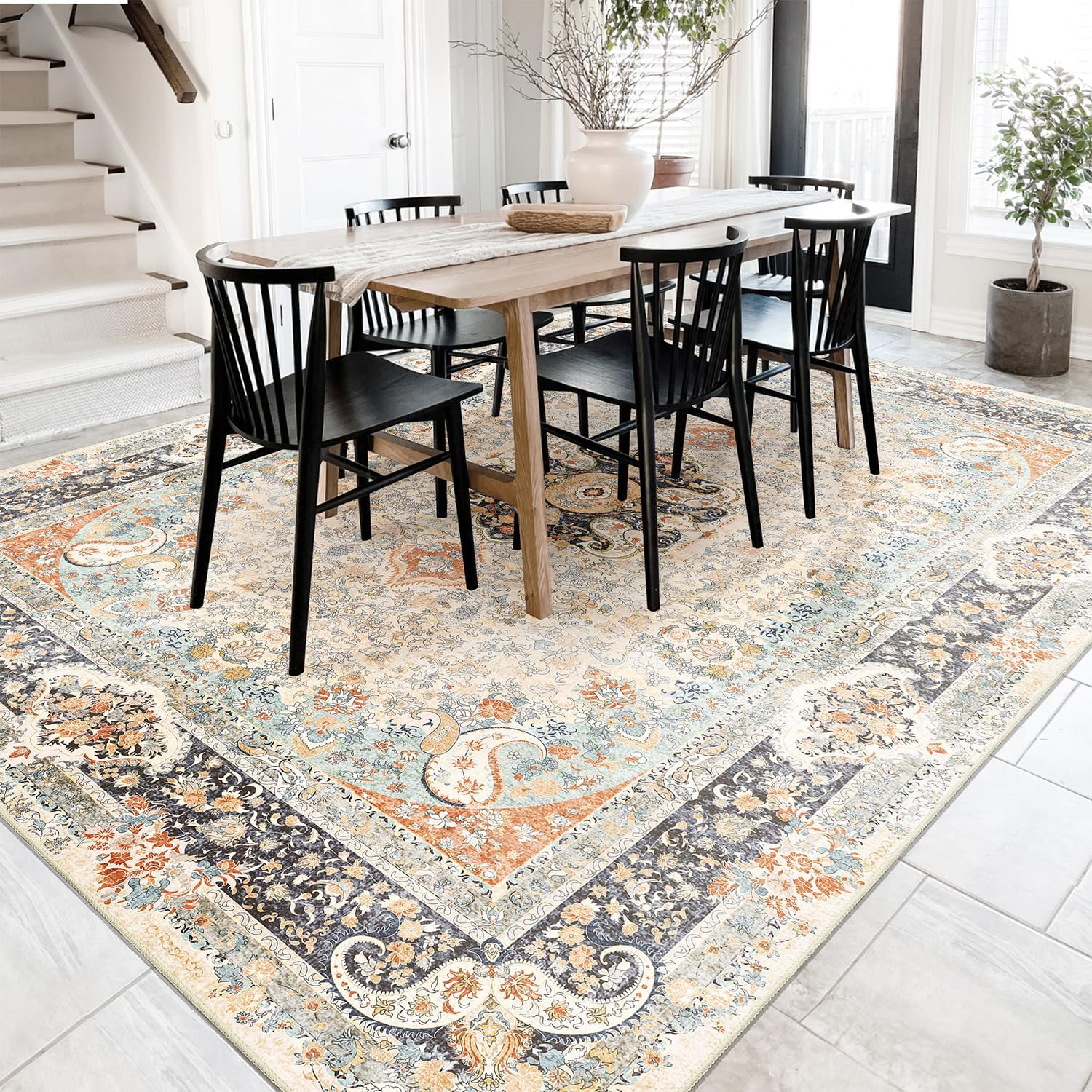8X10 Area Rugs Washable,Vintage Rug for Living Room Bedroom Dining Room,Large Boho Bohemian Distressed Carpet Non Slip,Retro Blue Grey Floral - Image 4