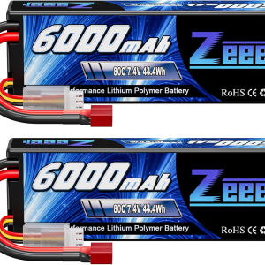 2S Lipo Battery 6000Mah 80C 7.4V Hard Case RC Battery with T Connector for 1/8 Scale RC Car RC Airplane RC Helicopter RC Boat (2 Pack)