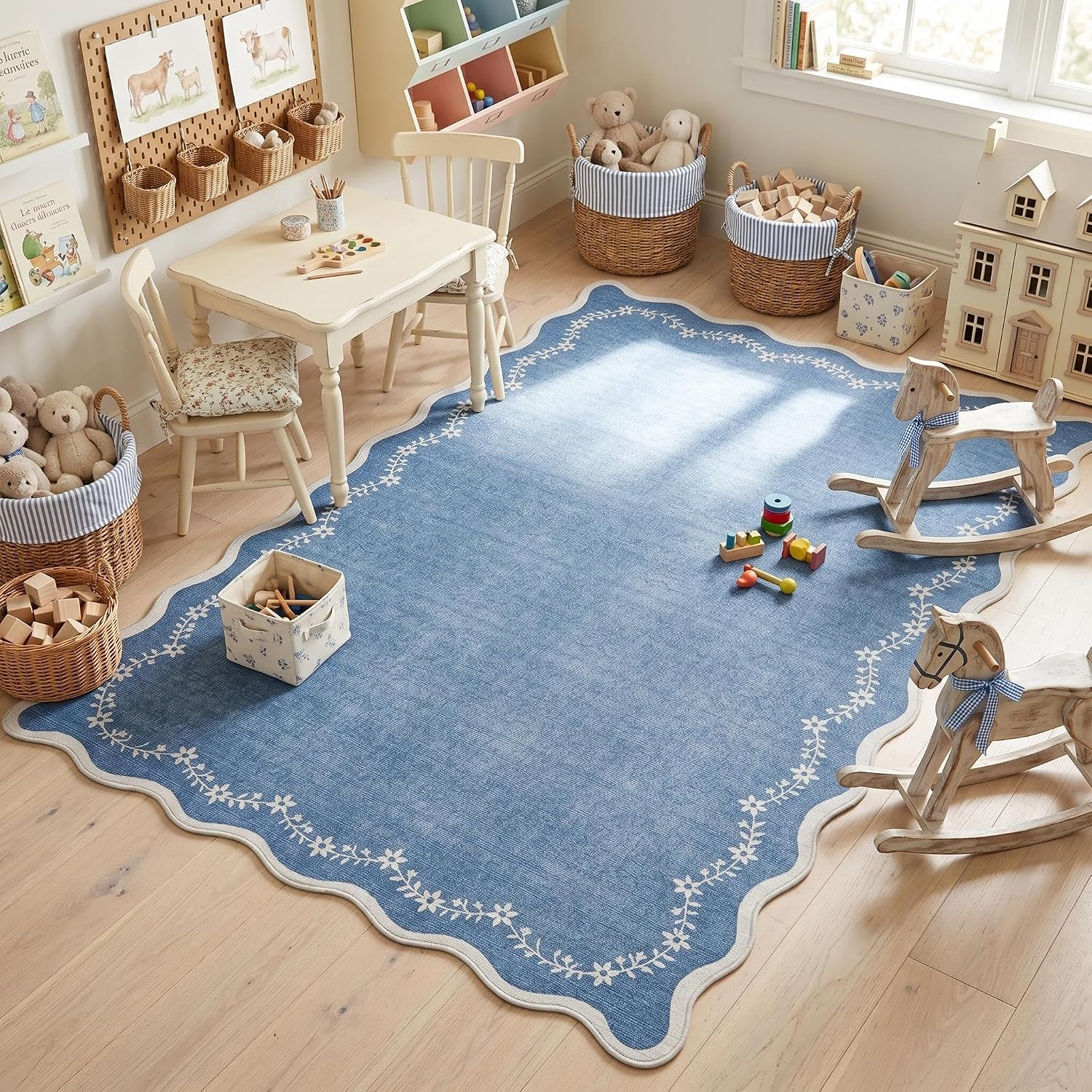 4X6 Blue Scalloped Washable Area Rug for Nursery Room, Solid Floral Soft Bedroom Rug Non Slip Low Pile Small Carpet Stain Resistant Throw Rug for Dorm Kids Room Office Dining Room - Image 3