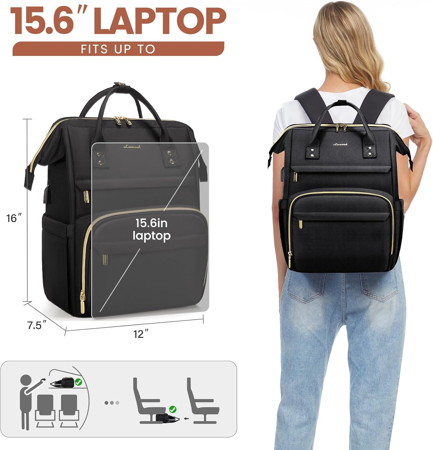 Laptop Backpack,15.6 Inch Professional Womens Purse Computer Bag Nurse Teacher Backpack,Waterproof College Work Bags Carry on Travel Back Pack with USB Port,Black - Image 5