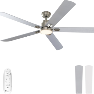 62 Inch Ceiling Fan with Lights and Remote, Quiet DC Motor, Modern Indoor Ceiling Fan for Living Room Bedroom, 6 Speeds Reversible, Dimmable LED, Timer, Brushed Nickel