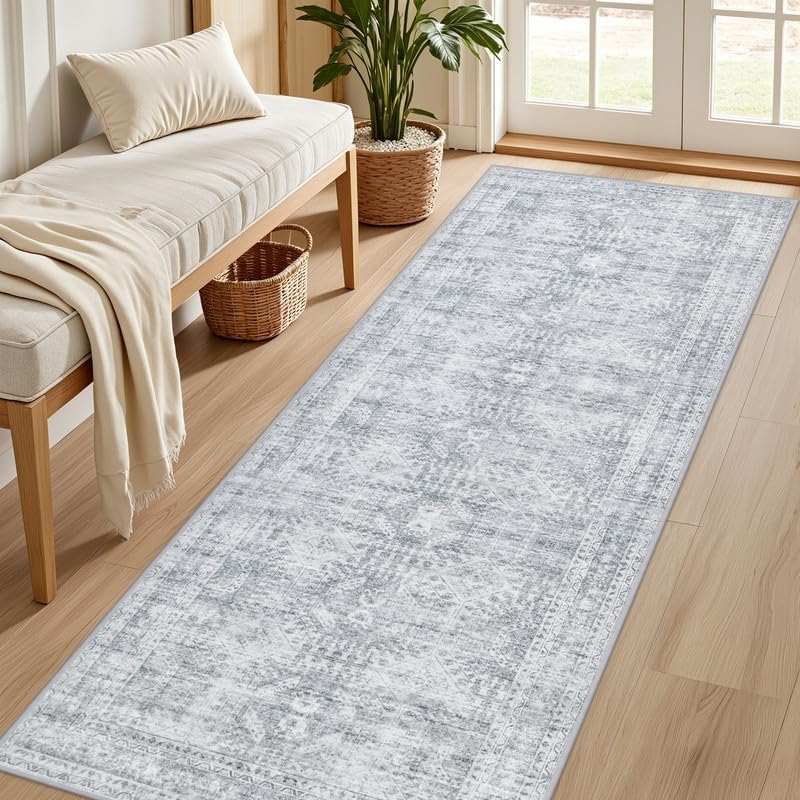 2'6''X8' Hallway Washable Runner Rug: Vintage Boho Neutral Kitchen Rug Soft Small Area Rug Indoor Floor Non-Slip Low Pile Carpet for Farmhouse Entryway Laundry Bathroom Bedroom beside Rugs Gray - Image 2