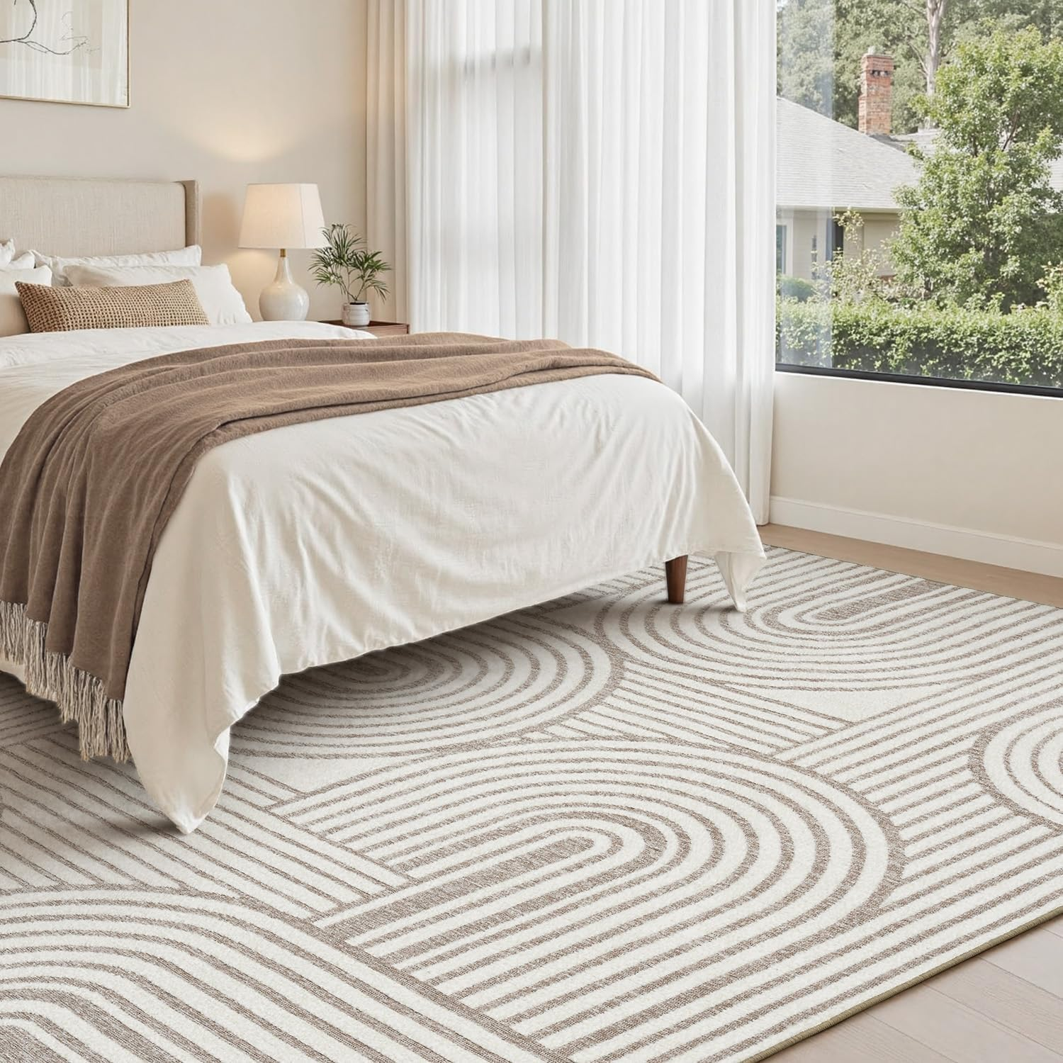Beige Neutral 5X7 Area Rugs Textured Tufted Rugs for Living Room Bedroom Rug-Carpet Cream Ivory Washable Geometric Moroccan Modern Rug - Image 3