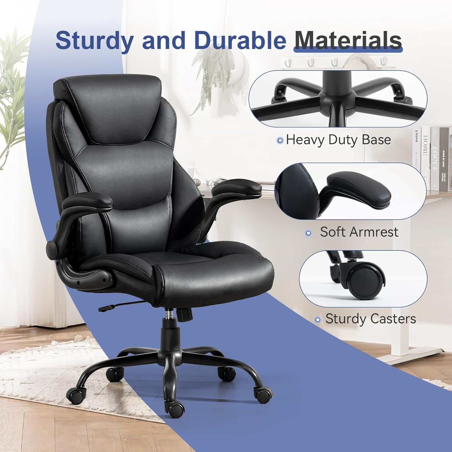 400LBS Big and Tall Office Chair, Heavy Duty Leather Executive Desk Chair with Padded Flip-Up Arms, Swivel Rolling Computer Chair for Home Office, Black - Image 9