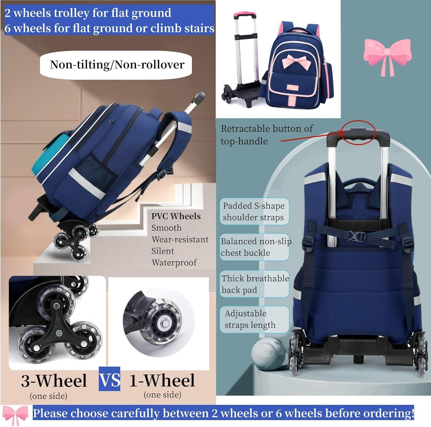 Rolling Backpack for Girls 3Pcs Elementary School Bag Cute Bowknot Backpack with Wheels Girls Bookbags with Handbag Trolley Bags Kids Carry-On Luggage - Image 6