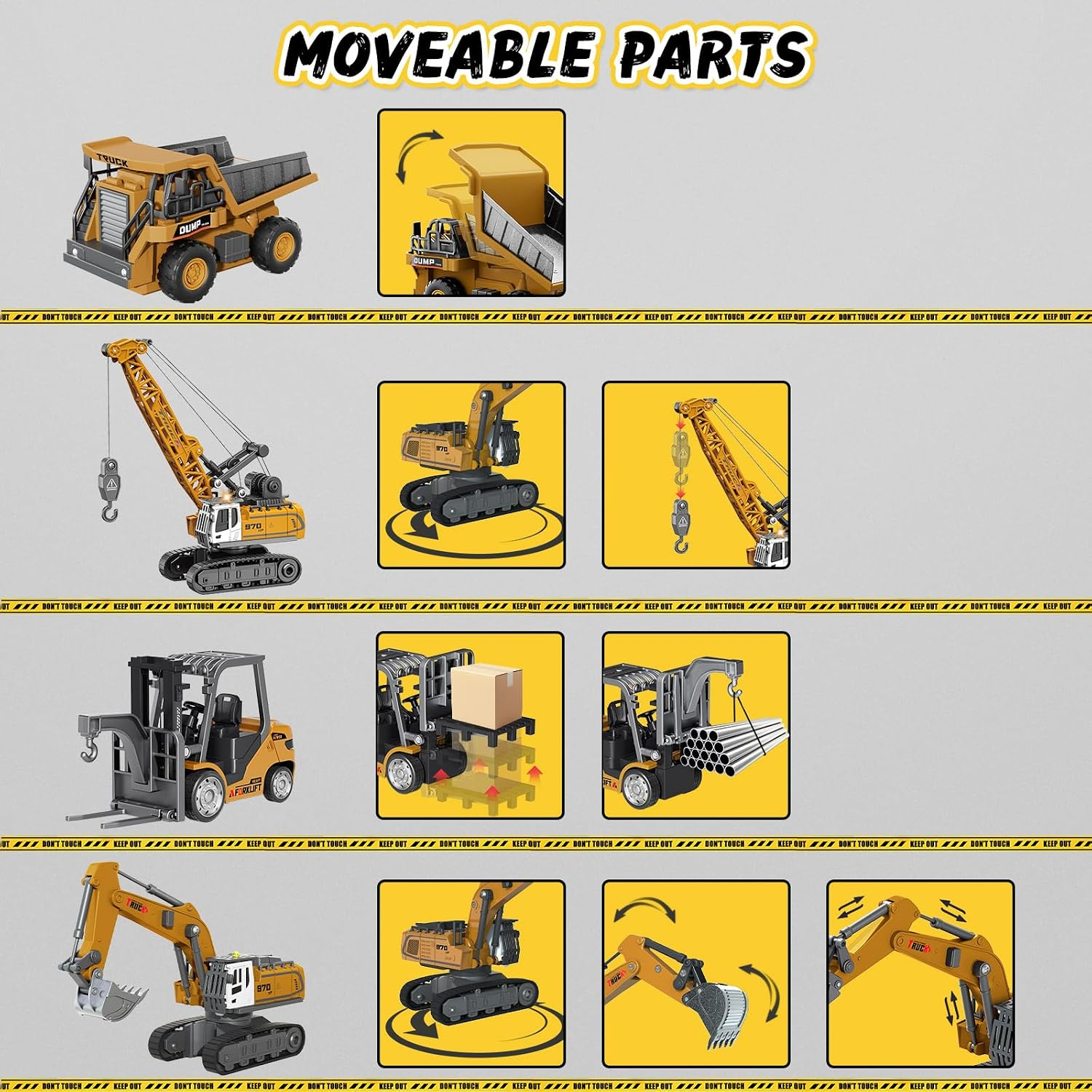 4 PCS RC Construction Vehicles Set with Mini Excavator Dump Truck Forklift and Crane USB Charge Real Lights & Sounds and Movable Parts & Traffic Sign Simulate True Scale Birthday Gifts for Kids Adults - Image 4