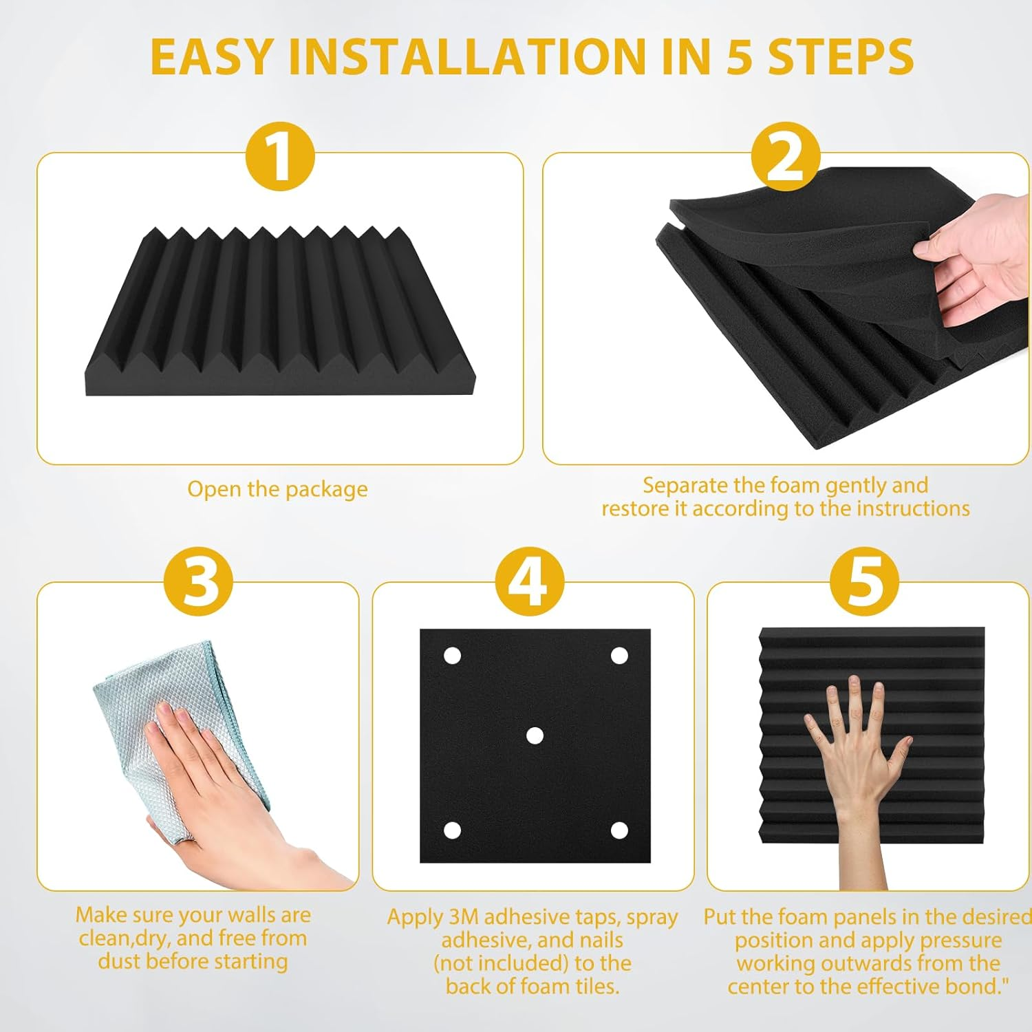 Acoustic Foam Panels Sound Absorbing 12 Pack - 1" X 12"X 12" Sound Proof Panels Noise Reducing for Walls, High Density Sound Deadening Panels Black Wedge for Studio Recording & Office & Home - Image 7