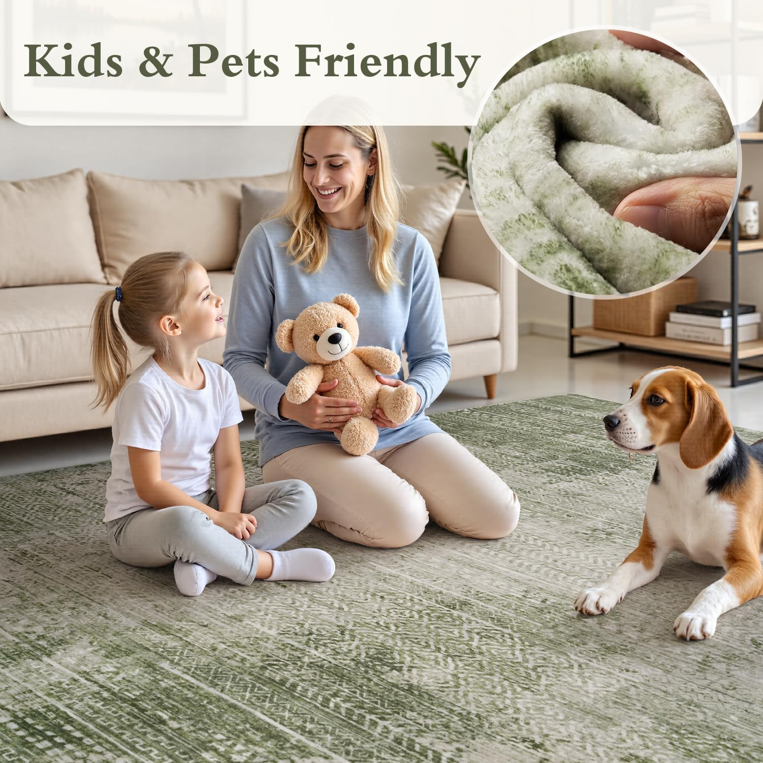 8X10 Area Rugs for Living Room Non Slip Machine Washable Rug Distressed Abstract Soft Indoor Carpet Neutral Boho Rug for Bedroom Dining Room Playroom Office, Green - Image 4